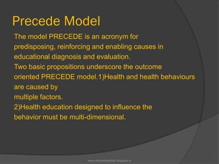 Precede Model
The model PRECEDE is an acronym for
predisposing, reinforcing and enabling causes in
educational diagnosis and evaluation.
Two basic propositions underscore the outcome
oriented PRECEDE model.1)Health and health behaviours
are caused by
multiple factors.
2)Health education designed to influence the
behavior must be multi-dimensional.
www.drjayeshpatidar.blogspot.in
 