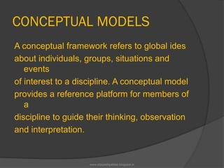 CONCEPTUAL MODELS
A conceptual framework refers to global ides
about individuals, groups, situations and
events
of interest to a discipline. A conceptual model
provides a reference platform for members of
a
discipline to guide their thinking, observation
and interpretation.
www.drjayeshpatidar.blogspot.in
 