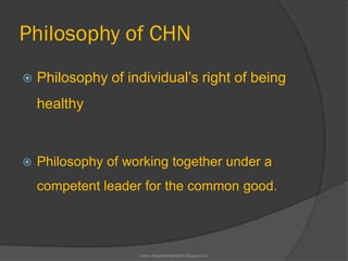 Philosophy of CHN
 Philosophy of individual’s right of being
healthy
 Philosophy of working together under a
competent leader for the common good.
www.drjayeshpatidar.blogspot.in
 