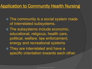 Application to Community Health Nursing
 The community is a social system made
of interrelated subsystems.
 The subsystems include economic,
educational, religious, health care,
political, welfare. law enforcement,
energy and recreational systems
 They are interrelated and have a
specific orientation towards each other.
www.drjayeshpatidar.blogspot.in
 