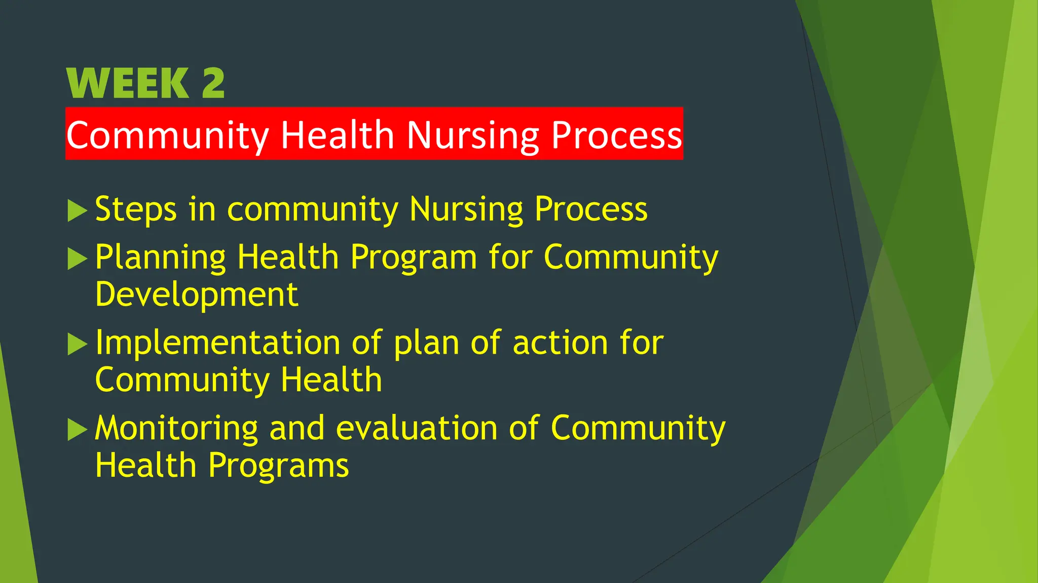 WEEK 2
Community Health Nursing Process
 Steps in community Nursing Process
 Planning Health Program for Community
Development
 Implementation of plan of action for
Community Health
 Monitoring and evaluation of Community
Health Programs
 