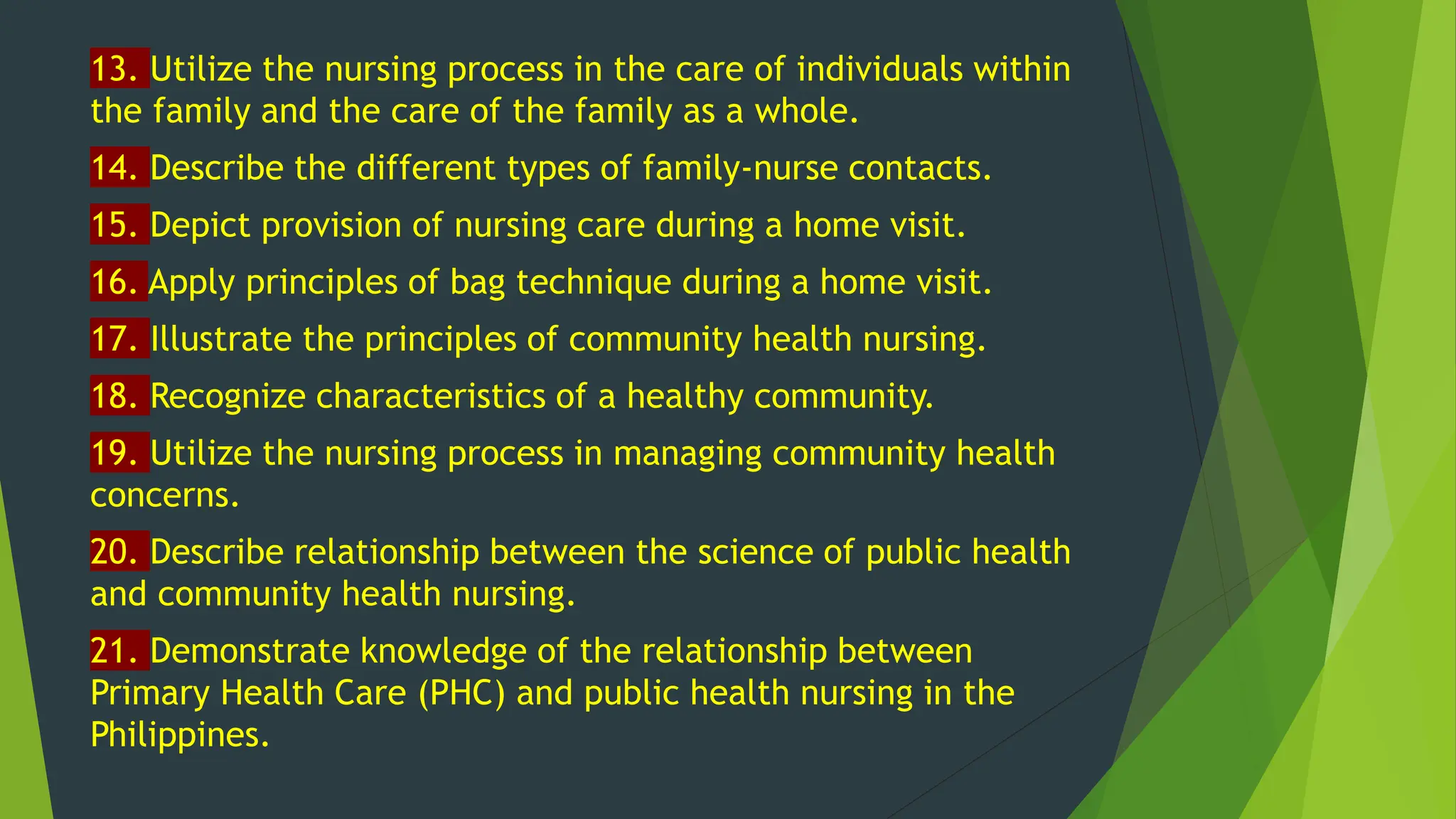 13. Utilize the nursing process in the care of individuals within
the family and the care of the family as a whole.
14. Describe the different types of family-nurse contacts.
15. Depict provision of nursing care during a home visit.
16. Apply principles of bag technique during a home visit.
17. Illustrate the principles of community health nursing.
18. Recognize characteristics of a healthy community.
19. Utilize the nursing process in managing community health
concerns.
20. Describe relationship between the science of public health
and community health nursing.
21. Demonstrate knowledge of the relationship between
Primary Health Care (PHC) and public health nursing in the
Philippines.
 