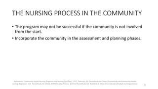 THE NURSING PROCESS IN THE COMMUNITY
• The program may not be successful if the community is not involved
from the start.
...