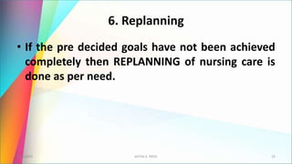 6. Replanning
• If the pre decided goals have not been achieved
completely then REPLANNING of nursing care is
done as per need.
4/19/2023 ASTHA K. PATEL 22
 