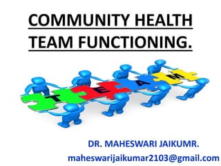 COMMUNITY HEALTH
TEAM FUNCTIONING.
DR. MAHESWARI JAIKUMR.
maheswarijaikumar2103@gmail.com
 