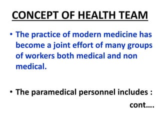 CONCEPT OF HEALTH TEAM
• The practice of modern medicine has
become a joint effort of many groups
of workers both medical and non
medical.
• The paramedical personnel includes :
cont….
 
