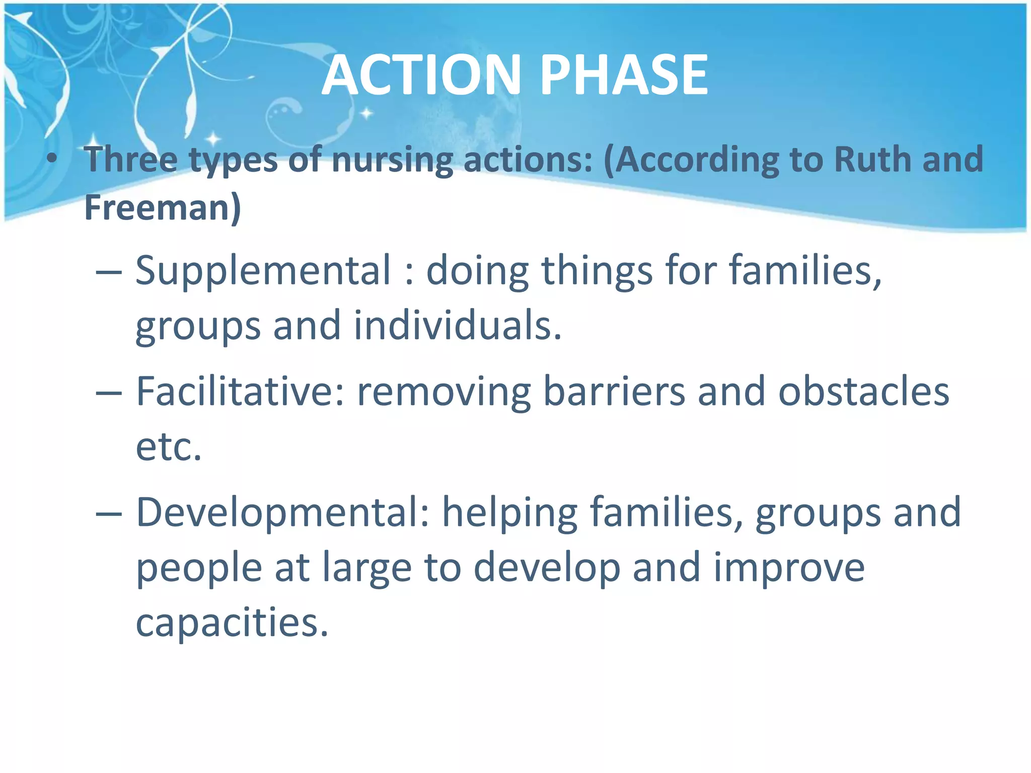 ACTION PHASE
• Three types of nursing actions: (According to Ruth and
Freeman)
– Supplemental : doing things for families,
groups and individuals.
– Facilitative: removing barriers and obstacles
etc.
– Developmental: helping families, groups and
people at large to develop and improve
capacities.
 