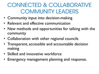 CONNECTED & COLLABORATIVE
COMMUNITY LEADERS
• Community input into decision-making
• Relevant and effective communication
• New methods and opportunities for talking with the
community
• Collaboration with other regional councils
• Transparent, accessible and accountable decision
making
• Skilled and innovative workforce
• Emergency management planning and response.
 