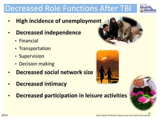 Decreased Role Functions After TBI
• High incidence of unemployment
• Decreased independence
• Financial
• Transportation
• Supervision
• Decision making
• Decreased social network size
• Decreased intimacy
• Decreased participation in leisure activities
12
2014 West Virginia TBI Waiver Program direct care staff annual training
 