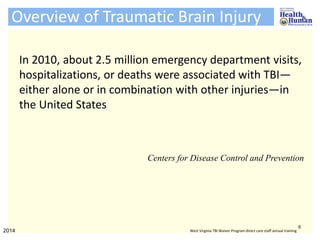 Overview of Traumatic Brain Injury
In 2010, about 2.5 million emergency department visits,
hospitalizations, or deaths were associated with TBI—
either alone or in combination with other injuries—in
the United States
Centers for Disease Control and Prevention
6
2014 West Virginia TBI Waiver Program direct care staff annual training
 