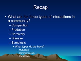 Recap What are the three types of interactions in a community? Competition Predation Herbivory Disease Symbiosis What types do we have? Mutualism Commensalism Parasitism 
