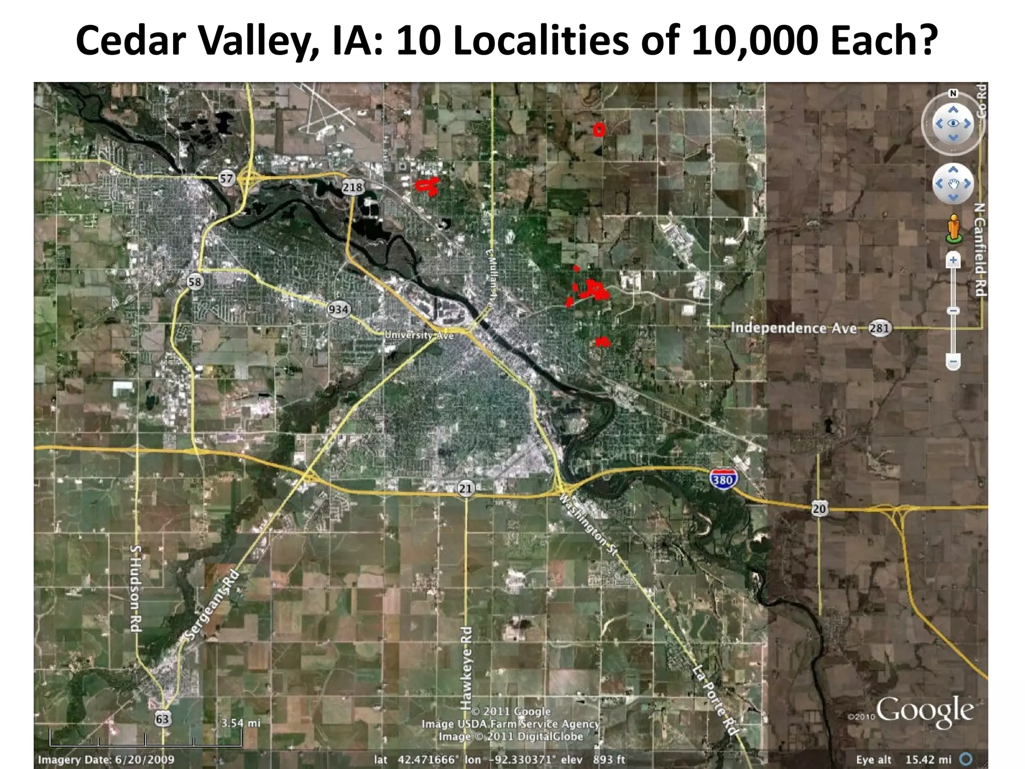 Cedar Valley, IA: 10 Localities of 10,000 Each?
 