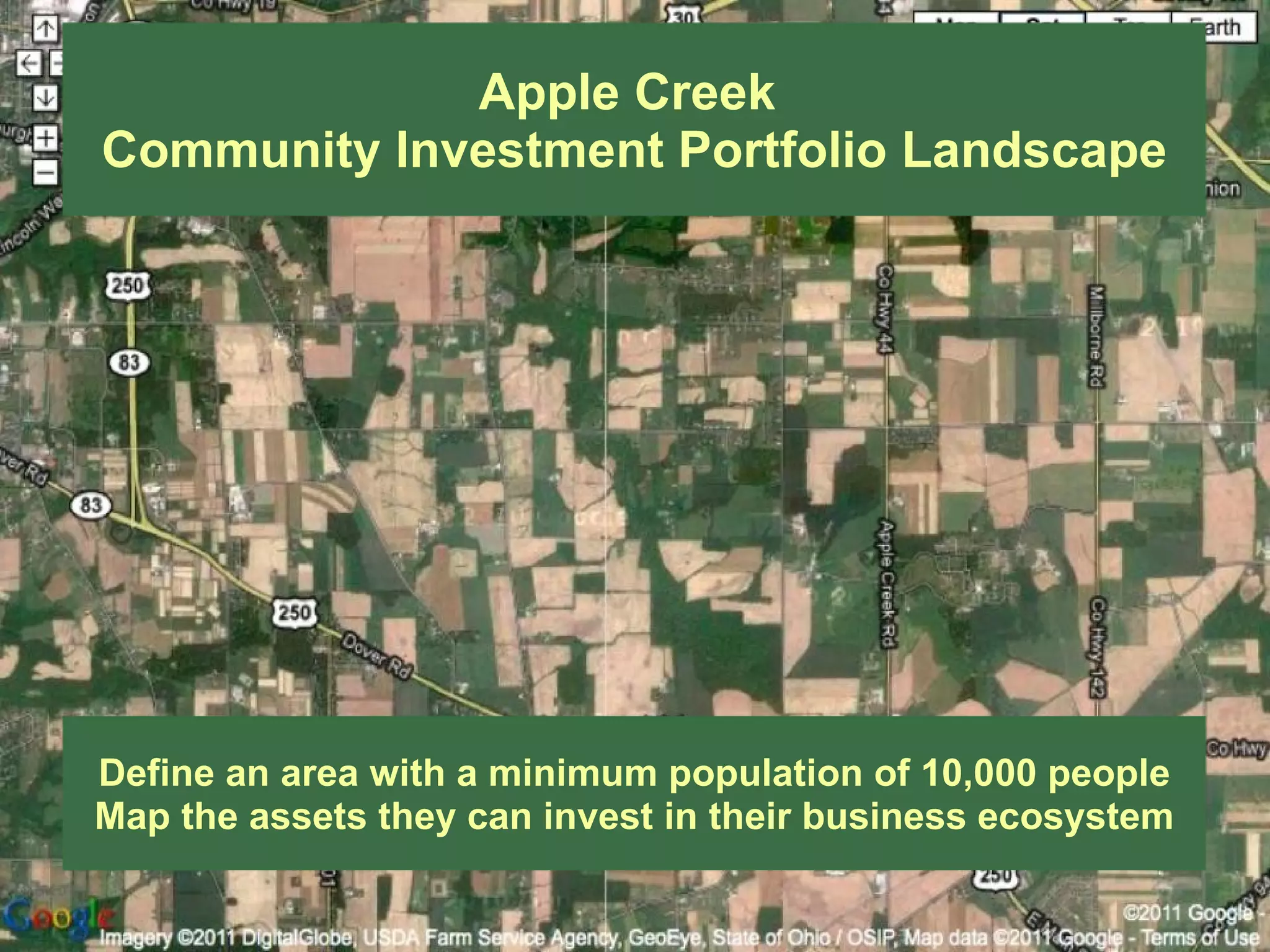 Apple Creek
Community Investment Portfolio Landscape




Define an area with a minimum population of 10,000 people
Map the assets they can invest in their business ecosystem
 