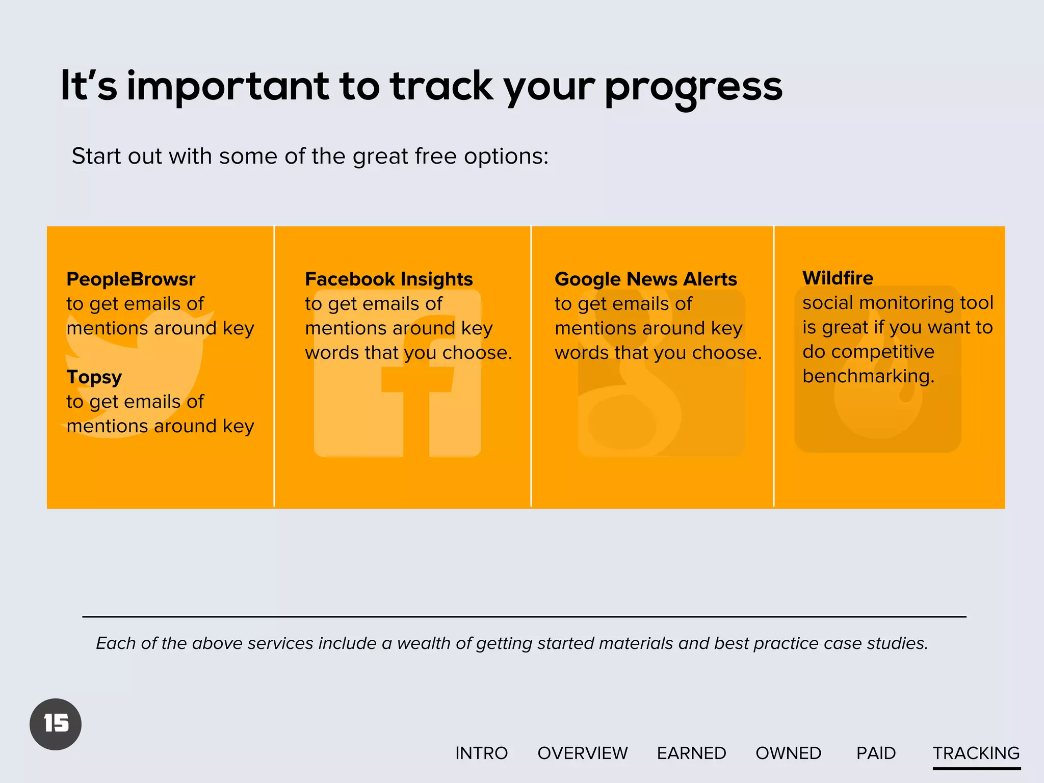 It’s important to track your progress
Start out with some of the great free options:

PeopleBrowsr
to get emails of
mentions around key

Facebook Insights
to get emails of
mentions around key
words that you choose.

Google News Alerts
to get emails of
mentions around key
words that you choose.

Topsy
to get emails of
mentions around key

Wildﬁre
social monitoring tool
is great if you want to
do competitive
benchmarking.

Each of the above services include a wealth of getting started materials and best practice case studies.

15
INTRO

OVERVIEW

EARNED

OWNED

PAID

TRACKING

 