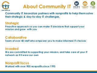 About Community IT
Community IT Innovators partners with nonprofits to help them solve
their strategic & day-to-day IT cha...