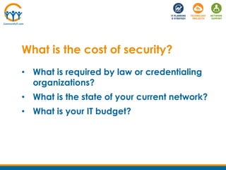 • What is required by law or credentialing
organizations?
• What is the state of your current network?
• What is your IT budget?
What is the cost of security?
 