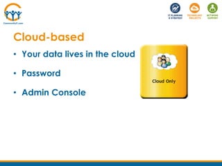 Cloud-based
• Your data lives in the cloud
• Password
• Admin Console
 