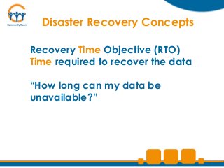 Disaster Recovery Concepts

Recovery Time Objective (RTO)
Time required to recover the data

“How long can my data be
unavailable?”
 