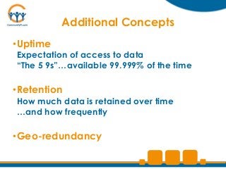 Additional Concepts
•Uptime
Expectation of access to data
“The 5 9s”…available 99.999% of the time

•Retention
How much data is retained over time
…and how frequently

•Geo-redundancy
 