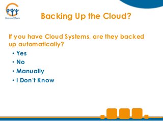 Backing Up the Cloud?

If you have Cloud Systems, are they backed
up automatically?
  • Yes
  • No
  • Manually
  • I Don’t Know
 