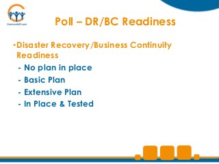 Poll – DR/BC Readiness

•Disaster Recovery/Business Continuity
 Readiness
 - No plan in place
 - Basic Plan
 - Extensive Plan
 - In Place & Tested
 
