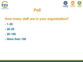 Poll
How many staff are in your organization?
- 1-20
- 20-50
- 50-100
- More than 100
 