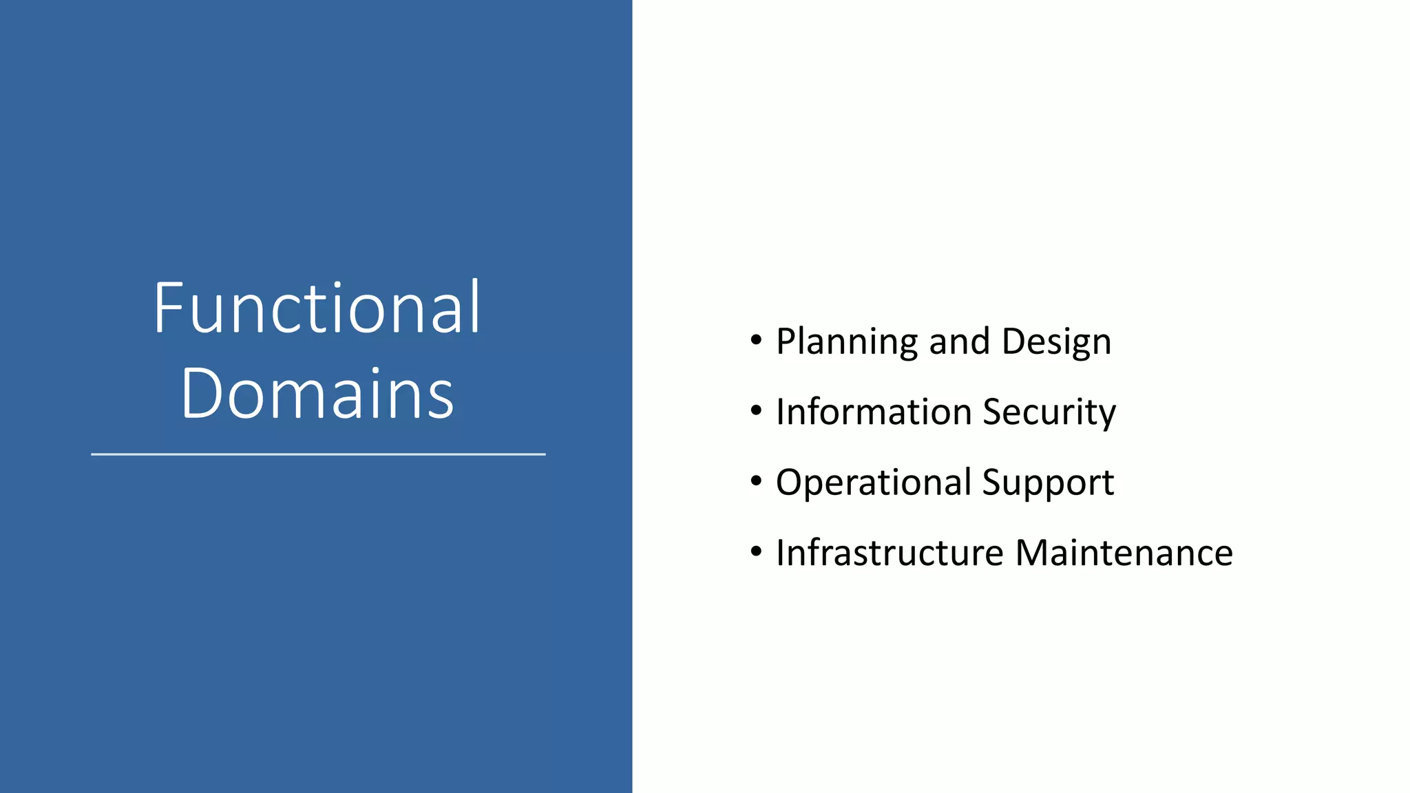 Functional
Domains
• Planning and Design
• Information Security
• Operational Support
• Infrastructure Maintenance
 