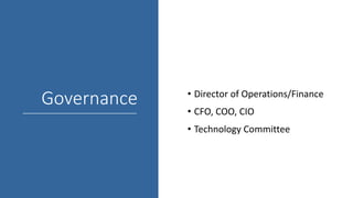 Governance • Director of Operations/Finance
• CFO, COO, CIO
• Technology Committee
 