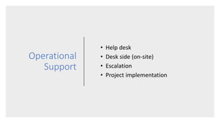 Operational
Support
• Help desk
• Desk side (on-site)
• Escalation
• Project implementation
 