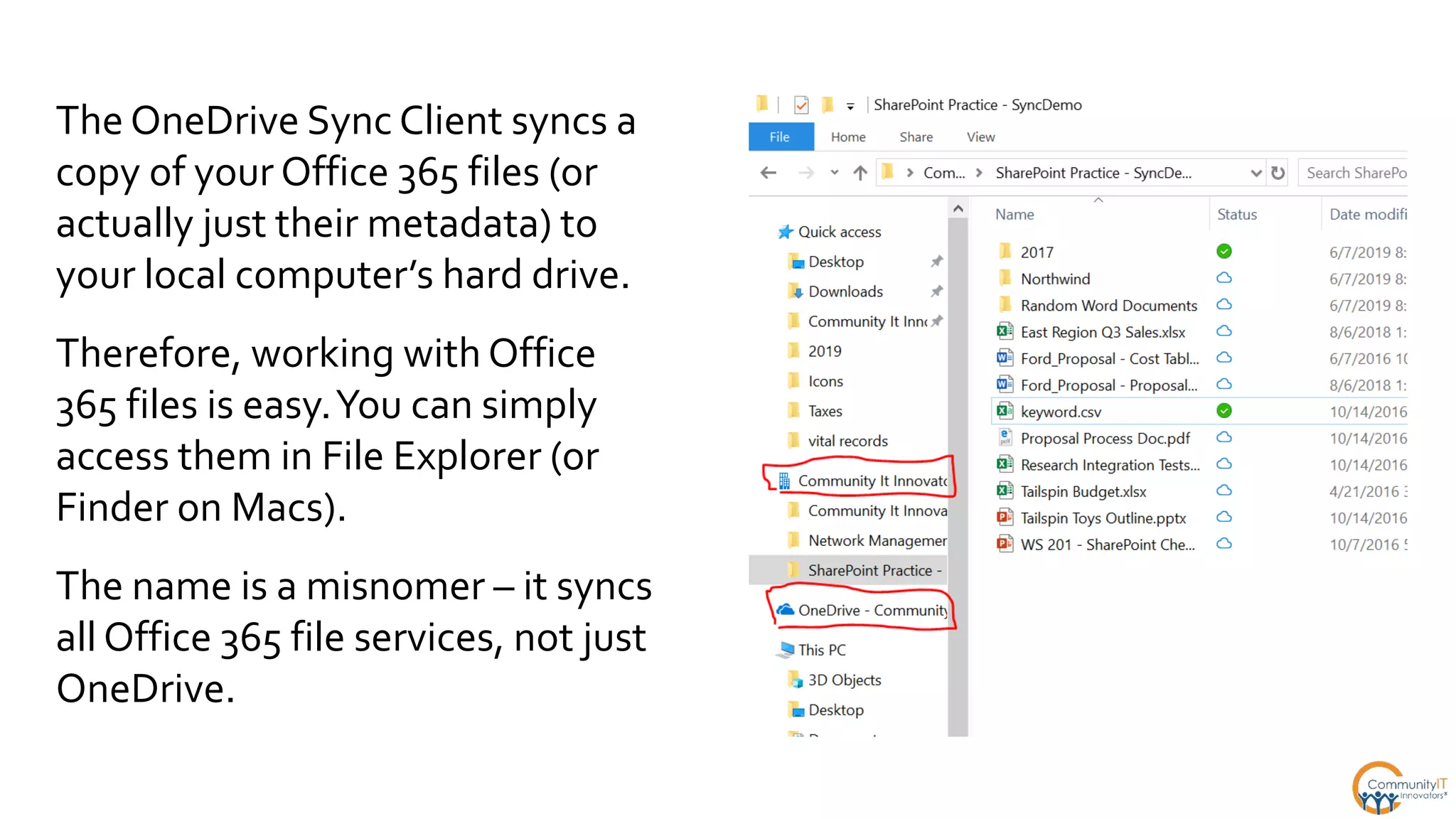 The OneDrive Sync Client syncs a
copy of your Office 365 files (or
actually just their metadata) to
your local computer’s hard drive.
Therefore, working with Office
365 files is easy.You can simply
access them in File Explorer (or
Finder on Macs).
The name is a misnomer – it syncs
all Office 365 file services, not just
OneDrive.
 