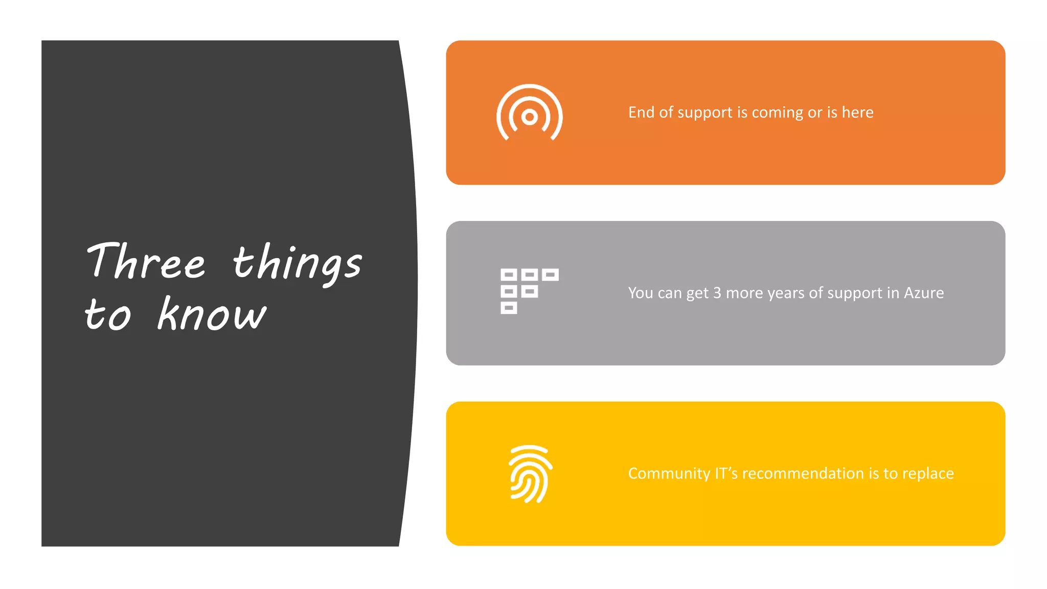 Three things
to know
End of support is coming or is here
You can get 3 more years of support in Azure
Community IT’s recommendation is to replace
 