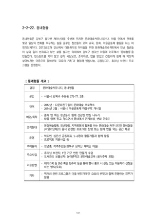 2-2-22. 동네형들
동네형들은 강북구 삼각산 재미난마을 주변에 위치한 문화예술커뮤니티이다. 마을 안에서 관계를
맺고 일상의 변화를 추구하는 삶을 꿈꾸는 청년들이 모여 교육, 문화, 마을공동체 활동을 하는 비
영리단체이다. 2012년도에 안산에서 다문화가정 아이들을 위한 문화예술프로젝트에서 만난 청년들
이 삶과 일이 분리되지 않는 삶을 살자는 의미에서 강북구 삼각산 마을에 이주해서 ‘동네형들’을
만들었다. 인스턴트를 먹지 말고 같이 시장보고, 조리하고, 밥을 맛있고 건강하게 함께 해 먹으며
살아보자는 마음으로 동네부엌 ‘요요의 키친’과 협업해 밥상나눔, 김장담그기, 츄리닝 브런치 프로
그램을 운영한다.
[ 동네형들 개요 ]
명칭 문화예술커뮤니티, 동네형들
공간 - 서울시 강북구 수유동 273-77, 2층
연역
- 2012년 : 다문화친구들의 문화예술 프로젝트
- 2014년 2월 : 서울시 마을공동체 마을부엌 개시일
배경/목적
- 혼자 밥 먹는 청년들이 함께 건강한 밥상 나누기
- 밥을 함께 짓고 먹으면서 동네에서 관계형성, 변화 만들기
조직형태
- 문화예술활동, 청년활동, 지역공동체 활동을 하는 문화예술 커뮤니티인 동네형들
(비영리단체)의 음식 관련한 프로그램 진행 또는 함께 밥을 먹는 공간 제공
운영
- 박도빈, 심은선 공동대표, 5~6명의 활동가들과 함께 활동
- 프로젝트 지원사업 등
주이용자 - 청년층, 지역주민들(강북구 삼각산 재미난 마을)
주요사업
- 츄리닝 브런치: 1인 가구 반찬 만들기 수업
- 도서관의 보물상자: 농어촌학교 문화예술교육 (음식주제 포함)
이용방법
- 페이스북 등 SNS 혹은 현수막 등을 통해 행사 홍보 시 관심 있는 이용자가 신청을
하는 방식(무료)
기타
- 먹거리 관련 프로그램은 마을 반찬가게인 ‘요요의 부엌’과 함께 진행하는 경우가
많음
187
 