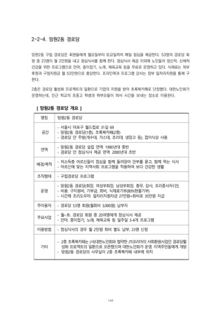 2-2-4. 망원2동 경로당
망원2동 구립 경로당은 회원들에게 월요일부터 토요일까지 매일 점심을 제공한다. 53명의 경로당 회
원 중 23명이 월 2만원을 내고 점심식사를 함께 한다. 점심식사 제공 이외에 노인들의 정신적, 신체적
건강을 위한 프로그램으로 안마, 종이접기, 노래, 체육교육 등을 무료로 운영하고 있다. 식재료는 외부
후원과 구청지원금 월 53만원으로 충당한다. 조리인력과 프로그램 강사는 정부 일자리지원을 통해 구
한다.
2층은 경로당 활성화 프로젝트의 일환으로 기업의 지원을 받아 초록북카페로 단장했다. 대한노인회가
운영하는데, 인근 학교의 초중고 학생과 학부모들이 와서 시간을 보내는 장소로 이용된다.
[ 망원2동 경로당 개요 ]
명칭 망원2동 경로당
공간
- 서울시 마포구 월드컵로 31길 69
- 망원2동 경로당(1층), 초록북카페(2층)
- 경로당 안 주방(개수대, 가스대, 조리대, 냉장고 등), 접이식상 사용
연역
- 망원2동 경로당 설립 연역: 1990년대 중반
- 경로당 안 점심식사 제공 연역: 2000년대 초반
배경/목적
- 저소득층 어르신들이 점심을 함께 둘러앉아 안부를 묻고, 함께 먹는 식사
- 어르신에 맞는 지역사회 프로그램을 적용하여 보다 건강한 생활
조직형태 - 구립경로당 프로그램
운영
- 망원2동 경로당(회장, 여성부회장, 남성부회장, 총무, 감사, 조리종사자1인)
- 비용: 구지원비, 기부금, 회비, 식재료기부(80%현물기부)
- 시간제 조리도우미: 일자리지원자금 27만원+회비로 35만원 지급
주이용자 - 경로당 53명 회원(월회비 3,000원) 납부자
주요사업
- 월~토: 경로당 회원 중 20여명에게 점심식사 제공
- 안마, 종이접기, 노래, 체육교육 등 일주일 3-4개 프로그램
이용방법 - 점심식사의 경우 월 2만원 회비 별도 납부, 23명 신청
기타
- 2층 초록북카페는 (사)대한노인회와 협약한 JTI코리아의 사회환원사업인 경로당활
성화 프로젝트의 일환으로 오픈했으며 대한노인회가 운영. 지역주민들에게 개방
- 망원2동 경로당의 사무실이 2층 초록북카페 내부에 위치
169
 