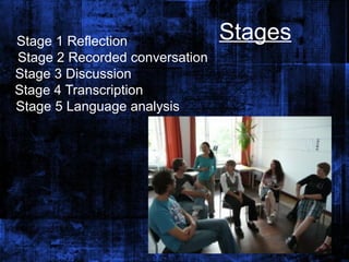 Stage 1 Reflection              Stages
Stage 2 Recorded conversation
Stage 3 Discussion
Stage 4 Transcription
Stage 5 Language analysis
 