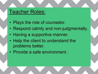 Teacher Roles:
• Plays the role of counselor.
• Respond calmly and non-judgmentally.
• Having a supportive manner.
• Help the client to understand the
problems better.
• Provide a safe environment .
 