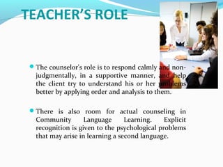 TEACHER’S ROLE
The counselor's role is to respond calmly and non-
judgmentally, in a supportive manner, and help
the client try to understand his or her problems
better by applying order and analysis to them.
There is also room for actual counseling in
Community Language Learning. Explicit
recognition is given to the psychological problems
that may arise in learning a second language.
 