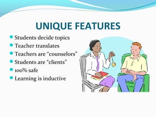 UNIQUE FEATURES
Students decide topics
Teacher translates
Teachers are “counselors”
Students are “clients”
100% safe
Learning is inductive
 