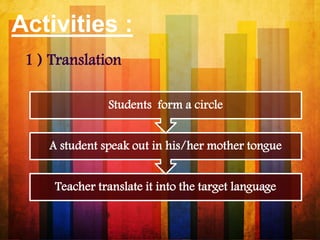 Activities :
Teacher translate it into the target language
A student speak out in his/her mother tongue
Students form a circle
1 ) Translation
 