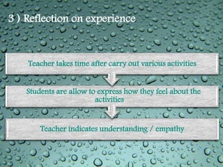 3 ) Reflection on experience


    Teacher takes time after carry out various activities


    Students are allow to express how they feel about the
                         activities


        Teacher indicates understanding / empathy
 