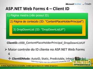 ASP.NET Web Forms 4 – Client ID Maior controle do ID cliente no ASP.NET Web Forms  4 ClientIDMode : AutoID, Static, Predictable, Inherit (padrão) ctl00 _ContentPlaceHolderPrincipal _DropDownListUF ClientID: © 2010, Rogério Moraes de Carvalho  E-mail:  rogeriom@gmx.net  Twitter:  @rogeriomc 1) Página mestra (não possui ID) 2) Página de conteúdo (ID: "ContentPlaceHolderPrincipal") 3) DropDownList (ID: "DropDownListUF") 