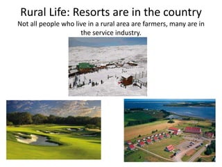 Rural Life: Resorts are in the country
Not all people who live in a rural area are farmers, many are in
the service industry.
 