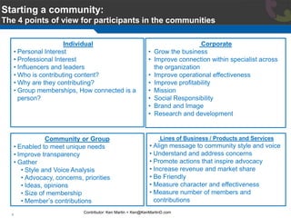 Starting a community:
The 4 points of view for participants in the communities

                        Individual                                                  Corporate
      • Personal Interest                                      •   Grow the business
      • Professional Interest                                  •   Improve connection within specialist across
      • Influencers and leaders                                    the organization
      • Who is contributing content?                           •   Improve operational effectiveness
      • Why are they contributing?                             •   Improve profitability
      • Group memberships, How connected is a                  •   Mission
        person?                                                •   Social Responsibility
                                                               •   Brand and Image
                                                               •   Research and development


                  Community or Group                                 Lines of Business / Products and Services
      • Enabled to meet unique needs                            • Align message to community style and voice
      • Improve transparency                                    • Understand and address concerns
      • Gather                                                  • Promote actions that inspire advocacy
         • Style and Voice Analysis                             • Increase revenue and market share
         • Advocacy, concerns, priorities                       • Be Friendly
         • Ideas, opinions                                      • Measure character and effectiveness
         • Size of membership                                   • Measure number of members and
         • Member’s contributions                                 contributions
                               Contributor: Ken Martin < Ken@KenMartinD.com
  1
 