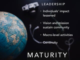 M AT U R I T Y
• Individuals’ impact
lessened
• Vision and mission
sustain community
• Macro-level activities
• Continuity
L E A D E R S H I P
 