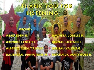 GROUP 1
ABAD, EDEN N.
ABUNDO, LYNETTE L.
ALBERTO, CHINLY RUTH T.
BALISACAN, DIANA ROSE M.
BAUTISTA, JOBELLE D.
BERNAL, LORENCE T.
BERNAL, VALERIE G.
BETCHAIDA, MARY ROSE R.
 