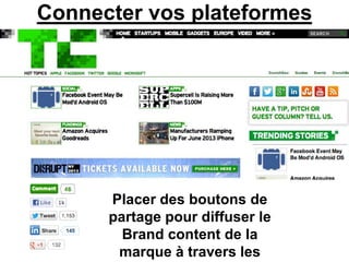 Connecter vos plateformes




      Placer des boutons de
      partage pour diffuser le
        Brand content de la
       marque à travers les
 