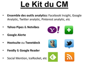 Le Kit du CM
•   Ensemble des outils analytics: Facebook Insight, Google
    Analytic, Twitter analytic, Pinterest analytic, etc

•   Yahoo Pipes & Netvibes

•   Google Alerte

•   Hootsuite ou Tweetdeck

•   Feedly & Google Reader

•   Social Mention, IceRocket, etc
 