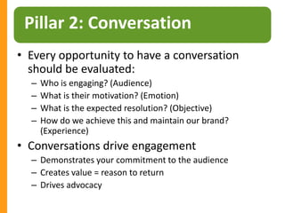• Every opportunity to have a conversation
should be evaluated:
– Who is engaging? (Audience)
– What is their motivation? (Emotion)
– What is the expected resolution? (Objective)
– How do we achieve this and maintain our brand?
(Experience)
• Conversations drive engagement
– Demonstrates your commitment to the audience
– Creates value = reason to return
– Drives advocacy
Pillar 2: Conversation
 