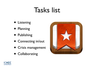Tasks list
• Listening
• Planning
• Publishing
• Connecting in/out
• Crisis management
• Collaborating
 
