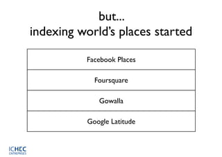 but...
indexing world’s places started

          Facebook Places

            Foursquare

             Gowalla

          Google Latitude
 