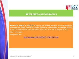 REFERENCIA BILIOGRAFICA 
Ramos O. María J. (2012) El uso de los Medios Sociales en la estrategia de 
comunicación online demarcas ciudad españolas. Universidad de Málaga .España 
REVISTA INTERNACIONAL DE RELACIONES PÚBLICAS, Nº 3, VOL. II [Páginas 71-90] 
ISBN : 2174-3681 
Recuperado de : 
http://dx.doi.org/10.5783/RIRP-3-2012-04-71-90 
Investigación de Mercados - Sesión 2 11 
